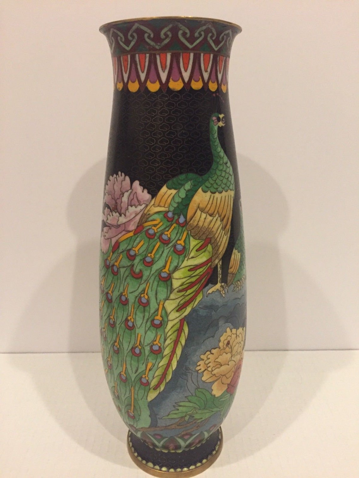 Antique Black Cloisonne Vase With Peacocks And Flowers Etsy