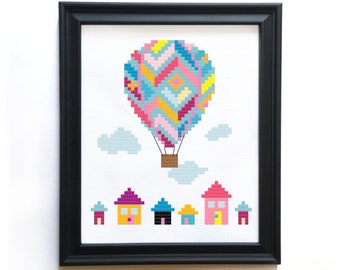 Hot Air Balloon Cross Stitch Pattern - Beginner Cross Stitch - Counted Cross Stitch - Colorful Town