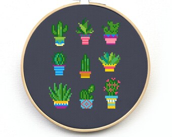 Potted Cactus Cross Stitch Pattern - Sampler Cacti Collection - Modern Embroidery