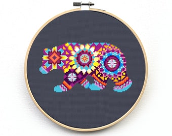 Mandala Bear Cross Stitch Pattern -  Colorful Cross Stitch Pattern - Geometric Design