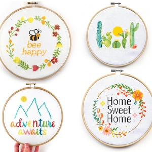 Best Sellers Cross Stitch Pattern PDF Set Bee Happy, Adventure Awaits, Home Sweet Home, and Cacti Under the Sun Leia Patterns image 1