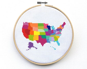 United States Map Cross Stitch Pattern - Modern Colorful Map Cross Stitch - Travel - Wanderlust - US Map