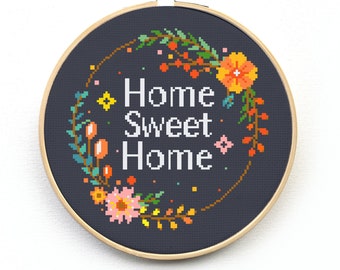 Cross Stitch Pattern - Flower Needlepoint - Modern Wreath Cross Stitch Pattern - Home Sweet Home