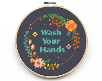 Cross Stitch Pattern - Wash Your Hands - Modern Flower Wreath PDF