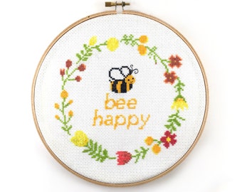 Cross Stitch Kit - Beginner Cross Stitch - Bee Happy Flower Embroidery
