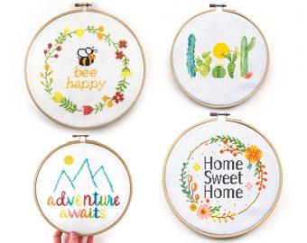 Best Sellers Cross Stitch Pattern PDF Set - Bee Happy, Adventure Awaits, Home Sweet Home, and Cacti Under the Sun - Leia Patterns