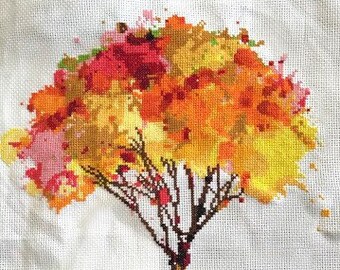 Colorful Tree Cross Stitch Pattern - Modern Paint Splatter - Yellow, Orange, Red, Pink, Green - Art Painting