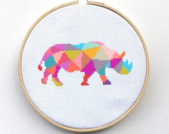 Cross Stitch Pattern, Geometric Rhino Embroidery, Low Poly Animal Origami Rhinoceros