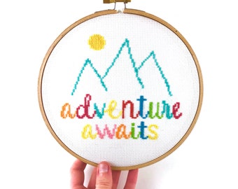 Beginner Cross Stitch Pattern, Inspirational Quote, Simple Cross Stitch, Nature, Trip, Vacation, Travel, Easy Pattern, Adventure Awaits, PDF