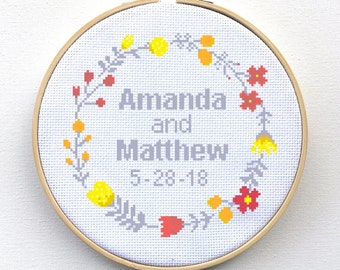 Wedding Cross Stitch Kit, Personalized Cross Stitch Kit Custom, Customized, Gift, Hand Embroidery, xstitch, Floral Wreath, Marriage, Couple