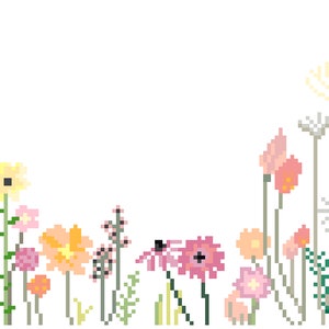 May include: Pixelated floral illustration featuring a variety of flowers in shades of pink, yellow, orange, and white against a white background. The flowers have green stems and leaves, creating a colorful and whimsical design.