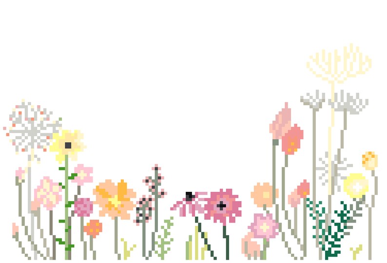 May include: Pixelated floral illustration featuring a variety of flowers in shades of pink, yellow, orange, and white against a white background. The flowers have green stems and leaves, creating a colorful and whimsical design.