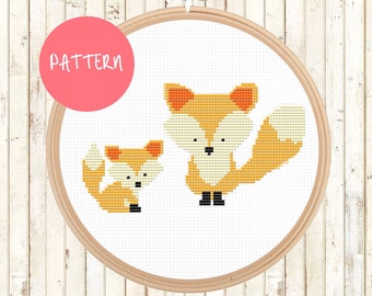 Fox Cross Stitch Pattern, Baby Cross Stitch Pattern, Foxes, Embroidery Pattern, Cute, Nursery, Gift, Beginner, Modern, Counted Cross Stitch