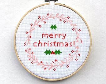 Modern Christmas Cross Stitch Pattern, Merry Christmas Cross Stitch Pattern, Christmas Cross Stitch PDF, Christmas Wreath Cross Stitch