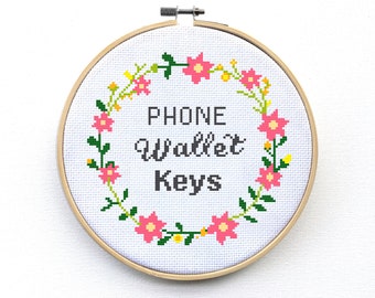 Phone Wallet Keys Cross Stitch Pattern - Housewarming Gift - Gift for Mom - Host Gift - Teacher Gift - Floral Wreath Home Decor - Flowers