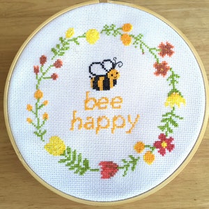 Bee Happy Cross Stitch Pattern - Beginner Cross Stitch PDF - Funny Inspirational Pun Quote - Flower Wreath