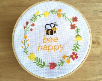 Bee Happy Cross Stitch Pattern - Beginner Cross Stitch PDF - Funny Inspirational Pun Quote - Flower Wreath