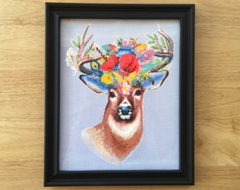 Boho Cross Stitch Pattern - Deer, Antler, Floral, Flowers, Animal, Pdf, Chart - Modern Cross-stitch Art Design - Colorful, Wall Art, Decor