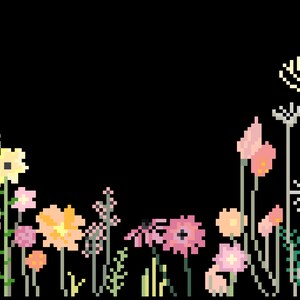 May include: Pixelated floral design featuring various flowers in shades of yellow, pink, and orange against a black background. The flowers have detailed pixelated petals and stems, creating a digital art style. The image evokes a sense of nature and digital art.