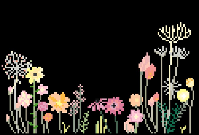 May include: Pixelated floral design featuring various flowers in shades of yellow, pink, and orange against a black background. The flowers have detailed pixelated petals and stems, creating a digital art style. The image evokes a sense of nature and digital art.
