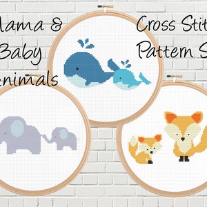 Cross Stitch Beginner Patterns Set - Baby & Mama Animals Counted Cross Stitch Pattern