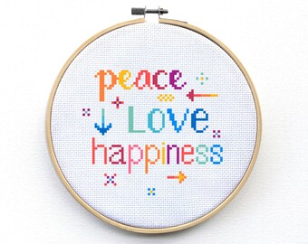 Peace, Love, and Happiness Cross Stitch Pattern, Beginner Quote Modern Cross Stitch Design, Happy Cross Stitch