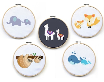Cute Animals Cross Stitch Patterns Set - Mama & Baby Animals Embroidery