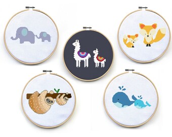 Cute Animals Cross Stitch Patterns Set - Mama & Baby Animals Embroidery