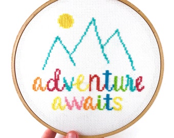 Modern Adventure Cross Stitch Pattern, Adventure Awaits Cross Stitch Pattern, Mountain Cross Stitch Pattern, Travel Cross Stitch Patterns