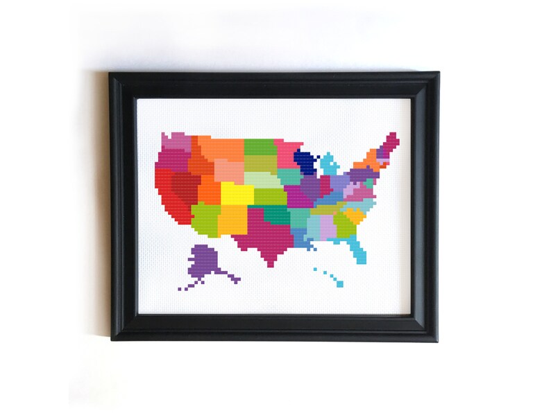 United States Map Cross Stitch Kit Modern Colorful Map Cross Etsy