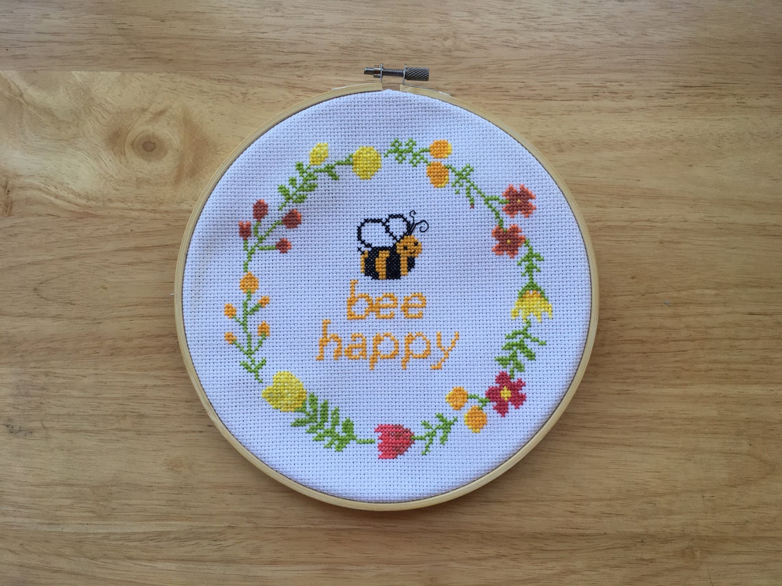 Bee Happy Cross Stitch Pattern Beginner Cross Stitch Pdf Etsy