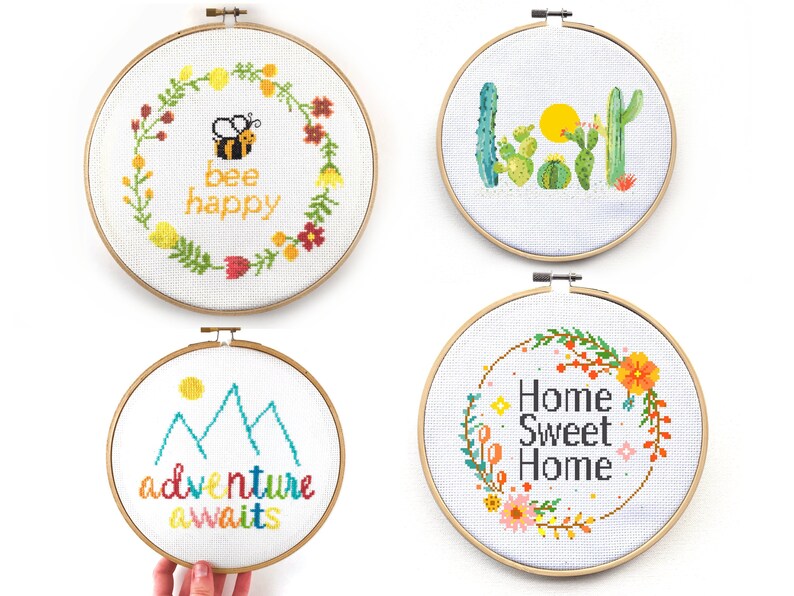 Best Sellers Cross Stitch Pattern PDF Set Bee Happy, Adventure Awaits, Home Sweet Home, and Cacti Under the Sun Leia Patterns image 1