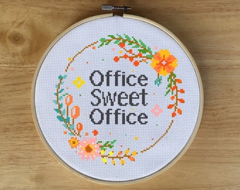 Office Cross Stitch Pattern, Office Sweet Office Cross Stitch Pattern,  Floral Wreath Cross Stitch - Decor, Flower, PDF, Chart, Gift