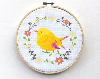 Cross Stitch Pattern, Bird Cross Stitch Pattern, Flower Wreath Cross Stitch Pattern, Bird xstitch, Cute Colorful Yellow Bird