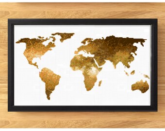 World Map Cross Stitch Pattern, Cross Stitch PDF, Gold, Golden, Modern Cross Stitch Art, Office Decor, Travel, Gift, Large Cross-stitch