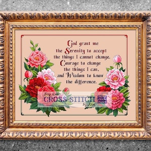 Peonies-Serenity Prayer Sampler - Cross Stitch Pattern