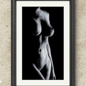 May include: Black and white artwork of a human form, framed in a dark gray frame. The artwork depicts a grayscale rendering of a torso against a black background. The image is a study in light and shadow.