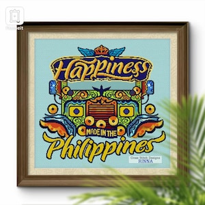May include: Cross-stitch art in a wooden frame features a colorful jeepney design. The text reads "Happiness" above and "Made in the Philippines" below. The artwork is in shades of blue, yellow, orange, and green.