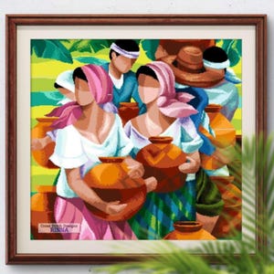 May include: A framed cross-stitch design showing people carrying terracotta pots. The figures are dressed in white and blue, with pink headscarves. The background has green and yellow tones. The artwork is signed "Cross Stitch Designs Rinna".