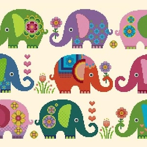 May include: A colorful pattern of nine embroidered elephants in various colors, including green, purple, pink, blue, and orange. Each elephant is decorated with floral and geometric patterns, holding a flower, and surrounded by hearts and flowers.