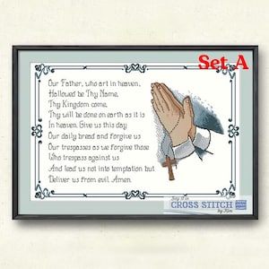 The Lord&#39;s Prayer - On Praying Hands (Blue-themed) - Cross Stitch