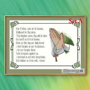 The Lord&#39;s Prayer - On Praying Hands (Green-themed) - Cross Stitch