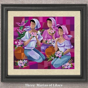 May include: Framed artwork featuring three figures in pastel clothing, holding lilac flowers. The figures are kneeling near terracotta pots, set against a geometric purple background. The artwork is titled "Three Marias of Lilacs."