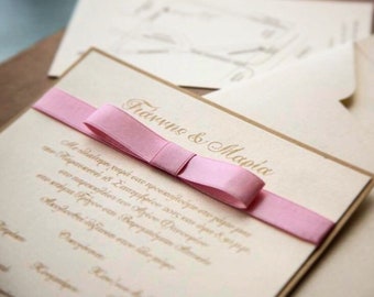 romantic gold wedding invitation, bow vintage wedding invitation, pink invitation wedding, pink wedding invitation, SET OF 20PCS