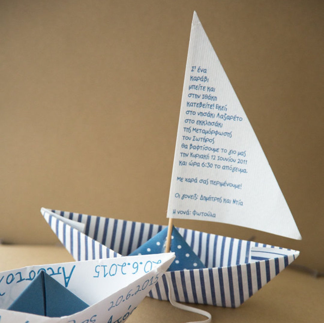 Navy Blue Paper Boat Party Invitations, Birthday Party, Baptism Invitations, Greek Boat