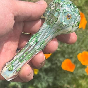 Nature Themed Shapely Inside Out Glass Pipe Spoon with Custom Flower Murine