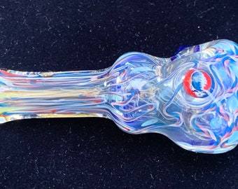 Deadhead Themed Shapely Inside Out Glass Pipe Spoon with Steal Your Fayce Millefiori