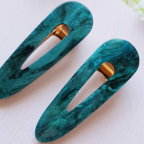 2 Pack Emerald Green Resin Hair Clips Galaxy Colour Glitter Etsy