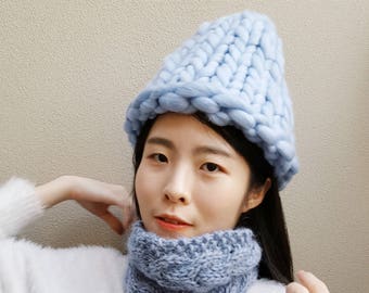 Super Chunky Hat - Korean Hat - Winter knit Hat (With | Without PomPom) - Blue