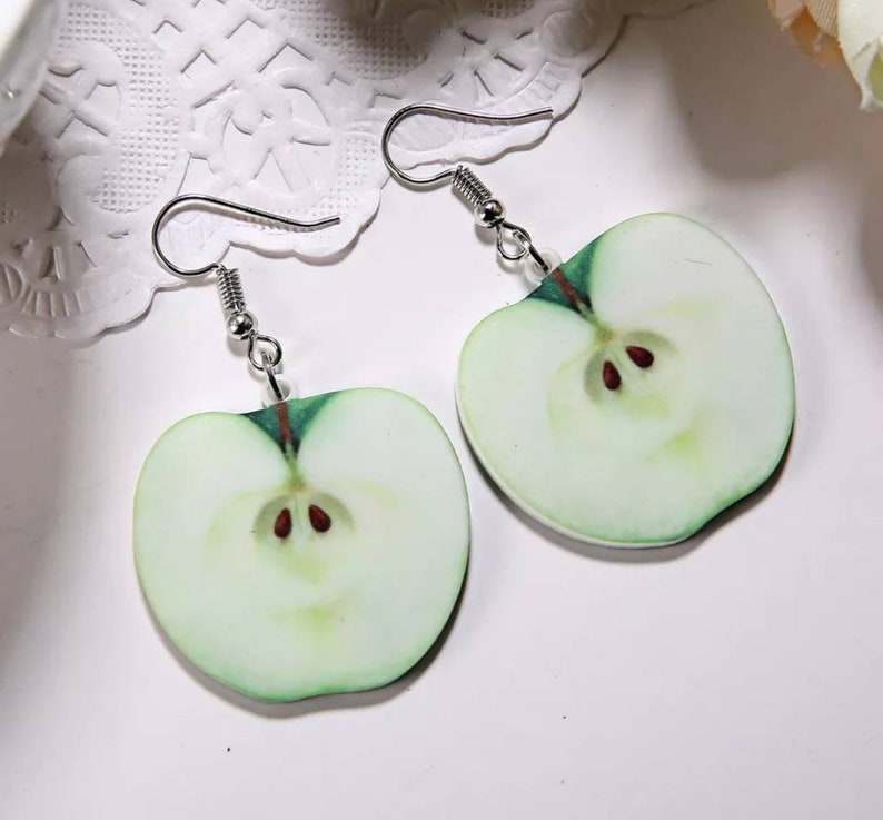 Green apple earrings food earrings art playful earrings gift for her fruits earrings cute kawaii earrings